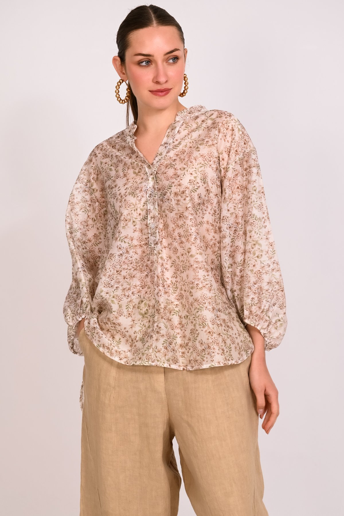 Μπλούζα tencel floral με κουμπιά
